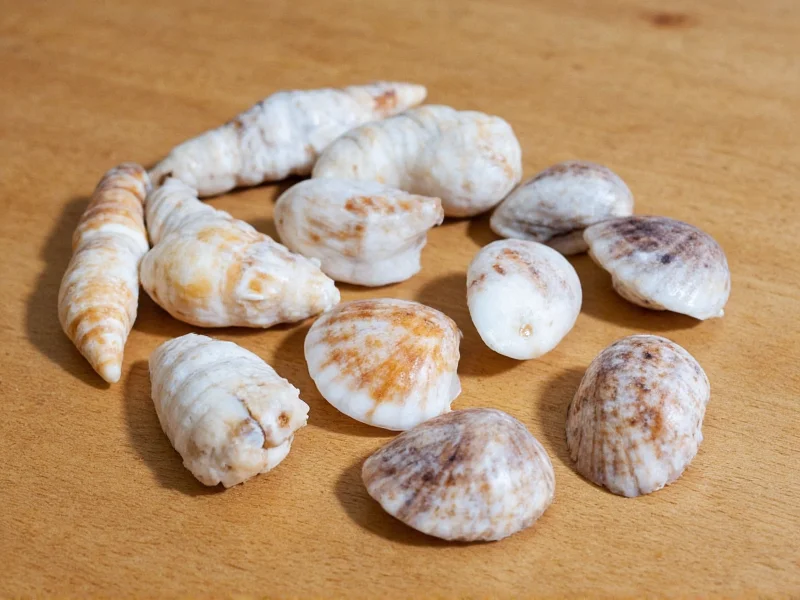 Various cleaned seashells arranged on wooden surface