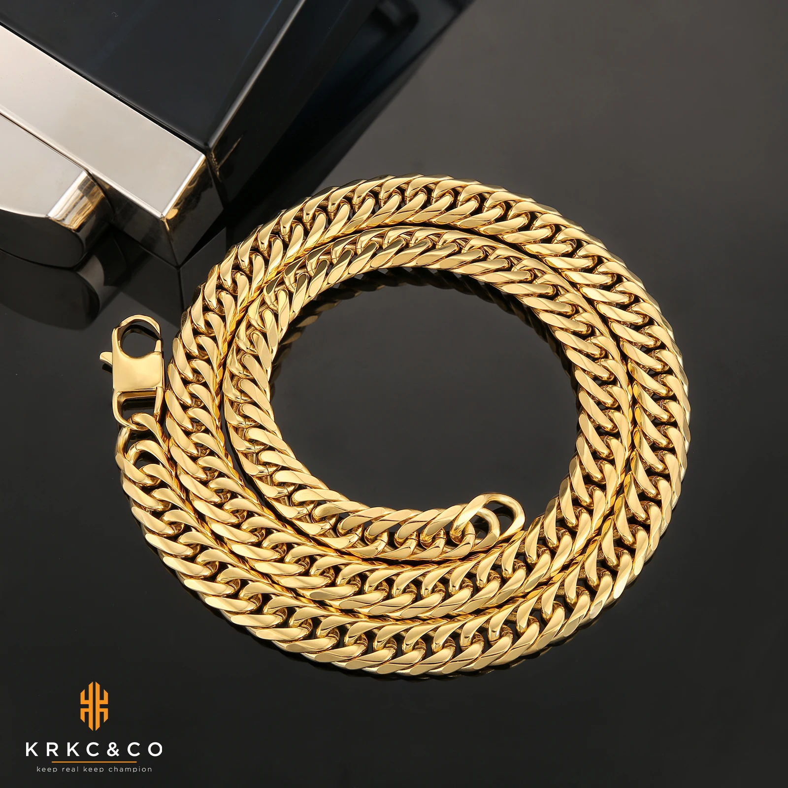 

KRKC Drop Shipping Wholesale Custom Moq 1pcs Men Gold Plated Chains 10mm 18K Hip Hop Stainless Steel Cuban Link Chain Necklace