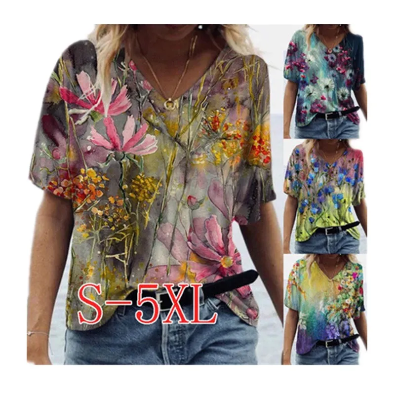 

Hot Sale Women Flower Printed T Shirts Short Sleeve Summer Tops Loose V Neck Blouse Top