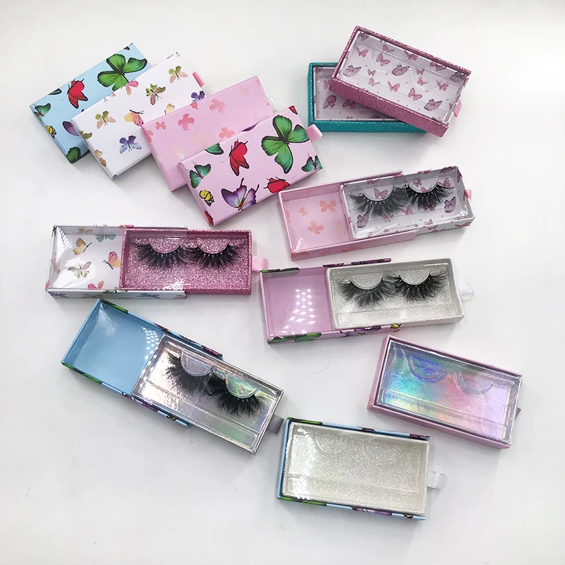 

Customized Lash Packaging Empty Rectangle Magnetic Glitter Pink Lash Box Butterfly for 5D Mink Lash, 12 color available