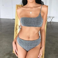 

STOCK Two Colors One Shoulder Padding Bandeau High Waist Shinny Textured Bikini Swimwear