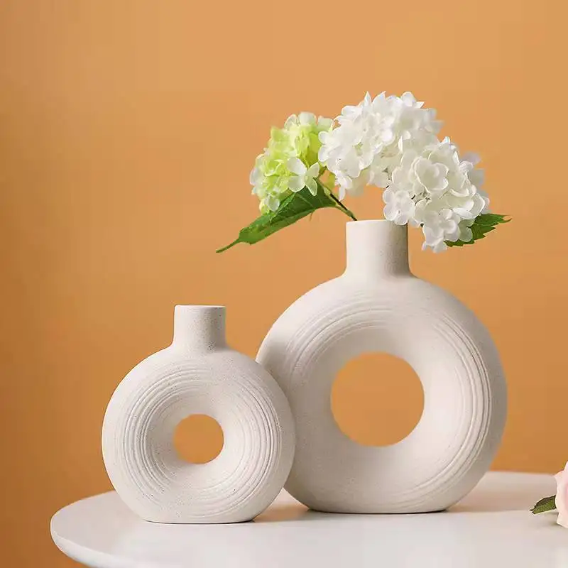 

Nordic Circular Hollow Ceramic Vase Donut Flower Pot Home Decoration Accessories Office Desktop Living Room Decor Flower Vase, As photo shows
