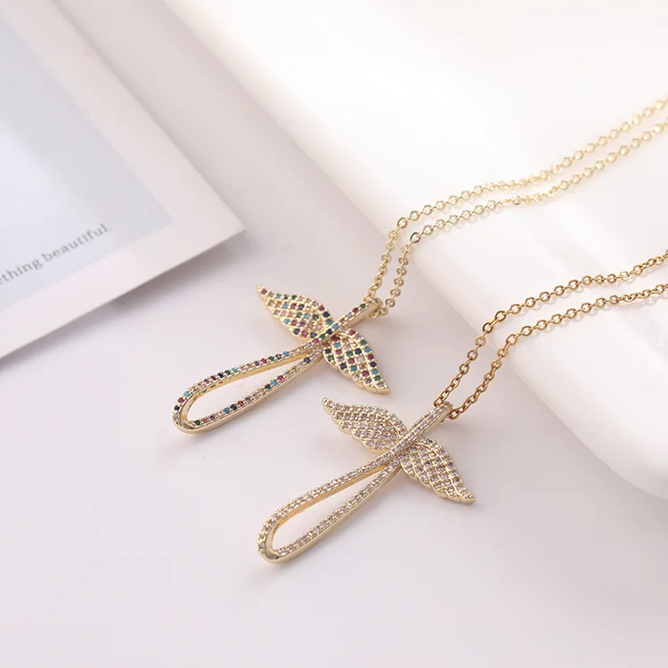 

Creative Design 18k Gold Plated Colorful Crystal Rhinestone Wings Necklaces Micro Pave CZ Cross Pendant Necklace