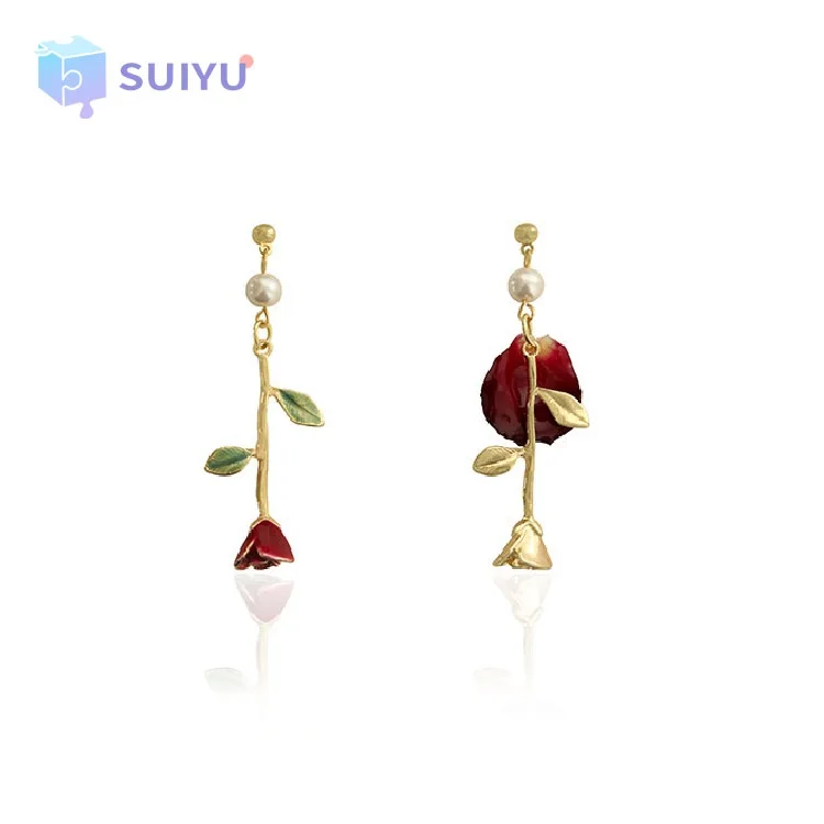 

Romantic High Quality Alloy Rose Flower Enamel Charms Drop Earrings Dry Rose Petal Fashion Designer Earrings, Gold, red