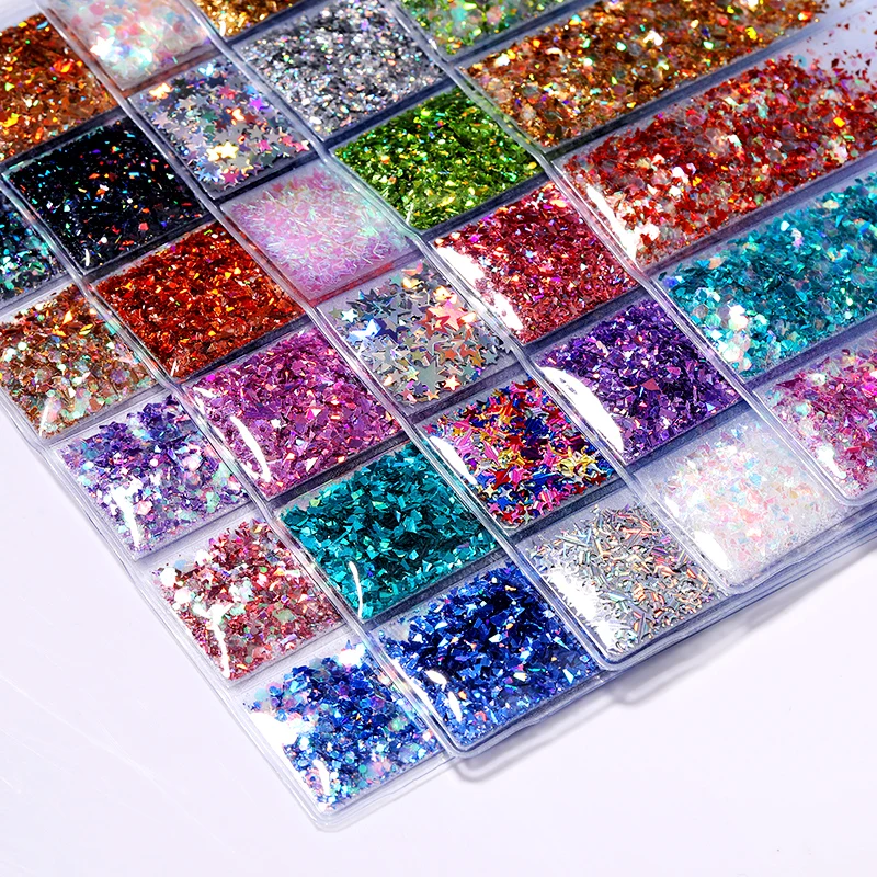 

6 grid/bag Nail Glitter Mix Powder Sequins Iridescent Pink Purple Shiny 3d DIY Nail Sliders Dust For Nail Art Decorations, Picture