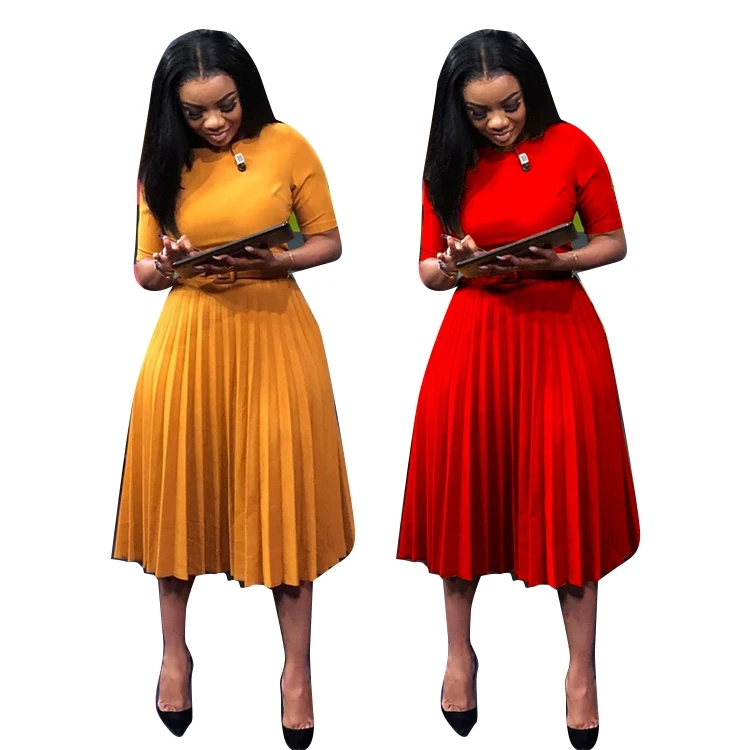 

wholesale elegant african dresses half sleeve solid pleated midi dress with bandage office wear