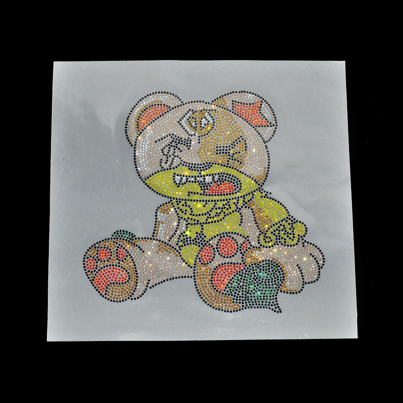 

Small MOQ teddy bear design rhinestone heat transfers custom iron on heat transfer for T-shirt, As pictures shows(can change)