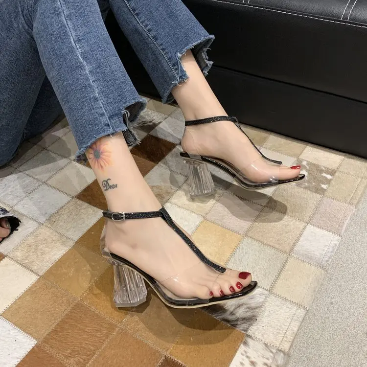 

PVC Jelly Sandals Peep Toe High Heels Women Transparent Slippers Thin Heel Clear Sandals Ladies Summer Shoes, Black/silver