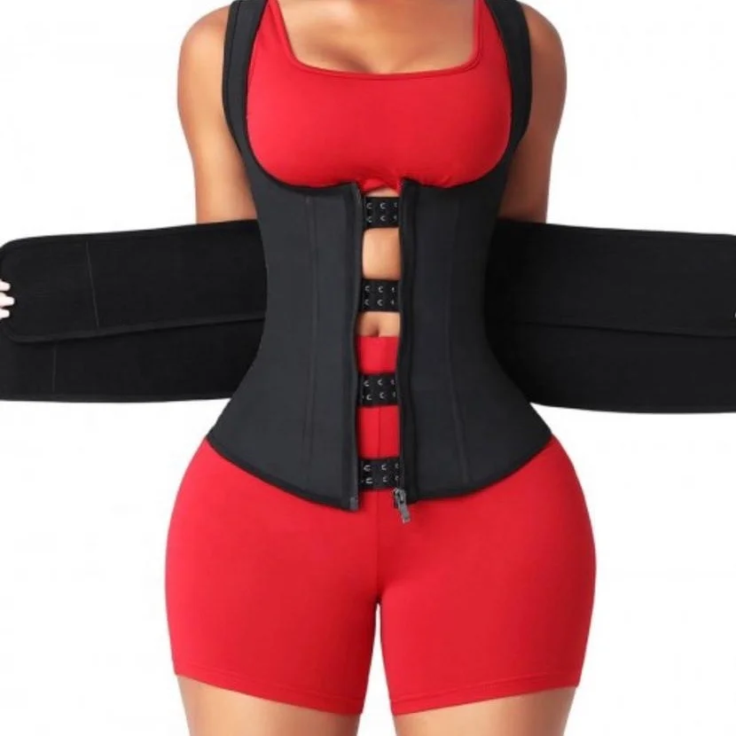 

Custom Logo Zipper Front Compression Workout Lose Weight Tummy Control Double Belt Women Latex Waist Trainer corset vest, Black