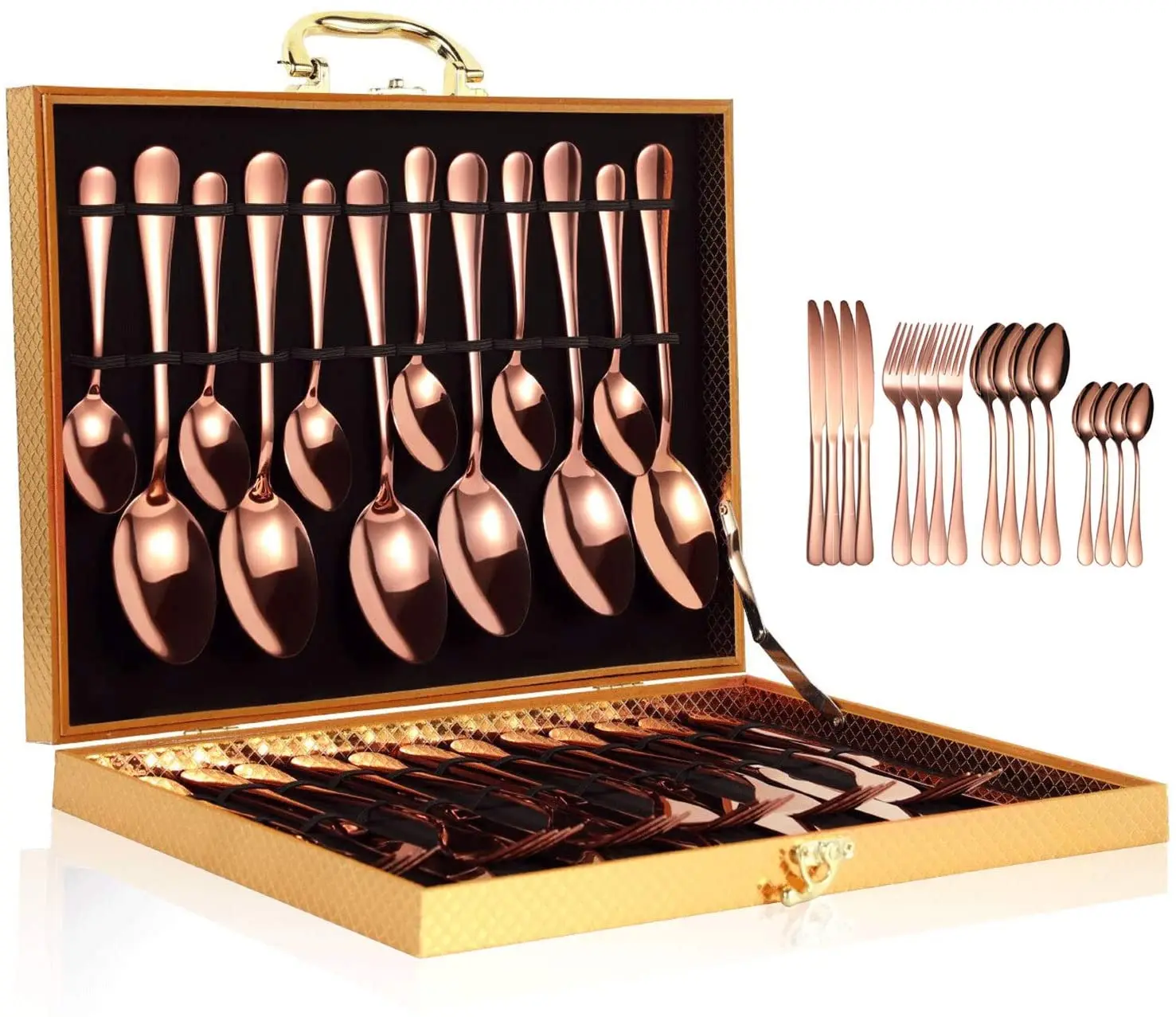 

High Quality Fork Knife Spoon Gold Plated Flatware Stainless Steel Reusable Cutlery 24pcs Set with Case, Rosegold