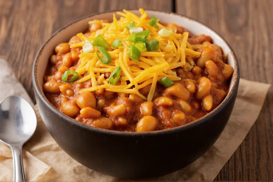 Finished bowl of chili mac topped with shredded cheddar cheese and green onions on wooden table