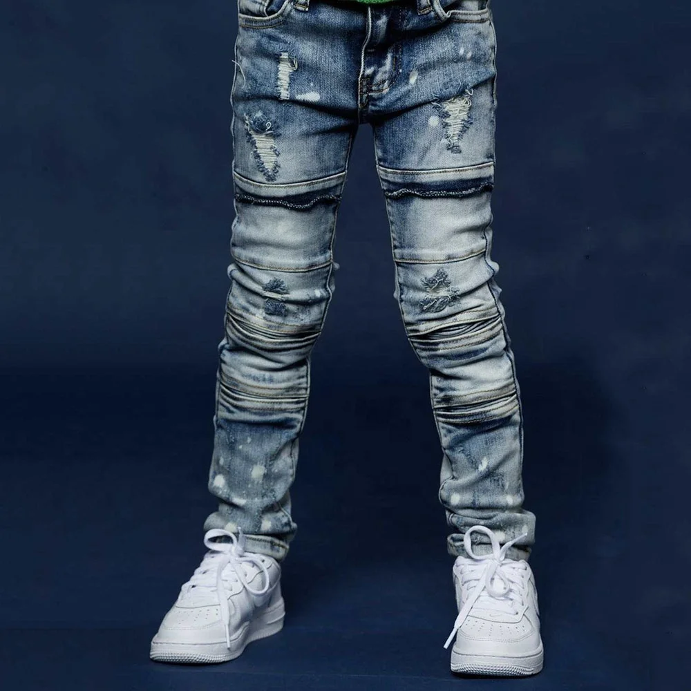 

2021 instock Light blue heavy washing biker styles fashion boys wearing denim boy jeans kids, Camo&black , red camo & black