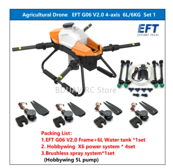 

EFT G06 Agricultural Spray Drone Frame 6L 6KG 1170mm Wheelbase Foldable UAV and spray system and with X6 power system