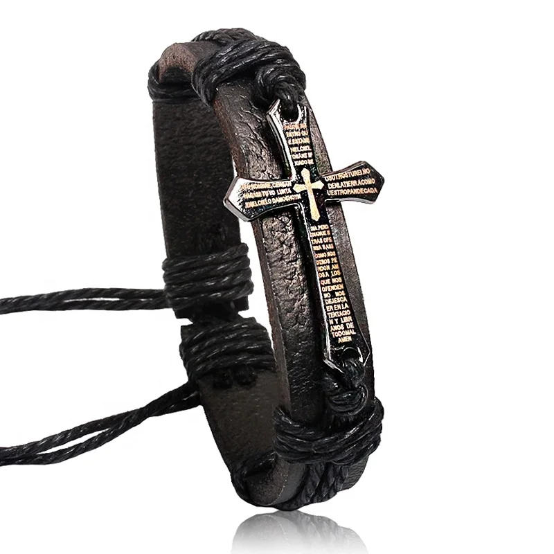 

New Mens Jewelry Bible Jesus Scripture Cross Bracelet Jewelry Cowhide Woven Ladies Bracelet Couple Jewelry Wholesale Christiani