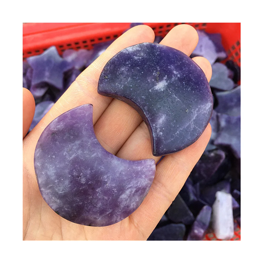 

New arriving natural hand carved moon and star shaped crystal crafts purple mica lepidolite stone for sal