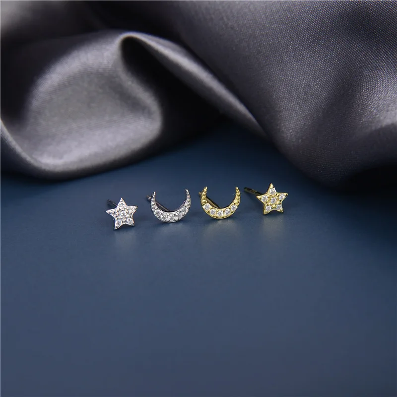 

Simple Design 925 Sterling Silver Gold Plated Mini Asymmetric Moon and Star Earrings Cubic Zirconia Star Moon Stud Earrings, As pictures