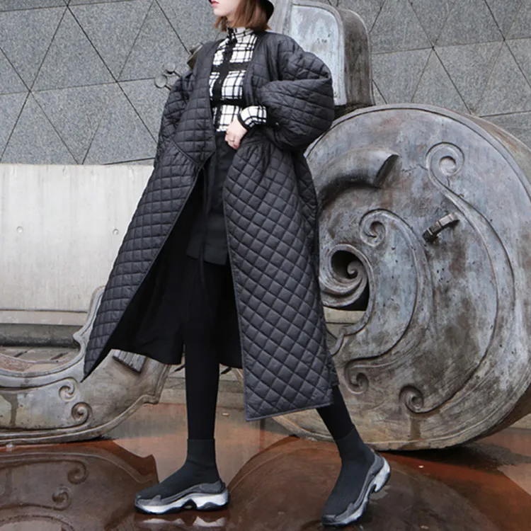 

528 Oversize Cotton Coat Winter Vintage Lantern Sleeve Embossing Women's Long Korean Cotton Coat