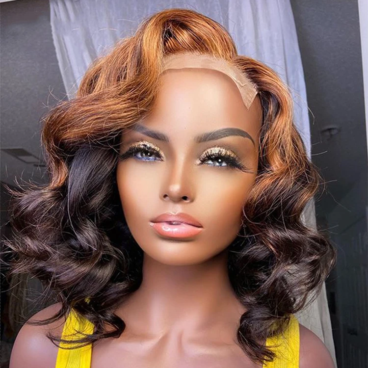 

Fashion Short Wavy Style Two Tone Ombre Color Mink Brazilian Human Hair 4x4 Lace Closure Wigs for Black Women