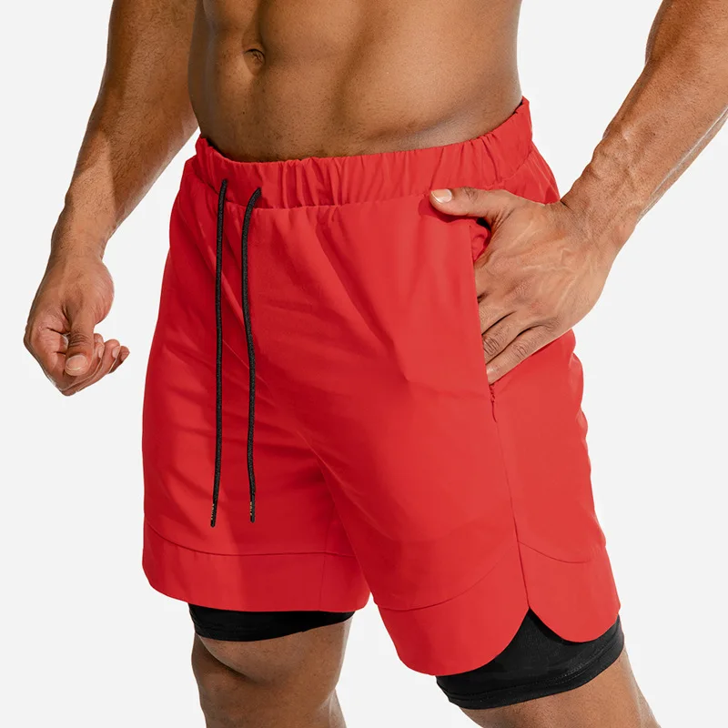

2 in 1 Woven Polyester Side Zipper Pocket Quick Dry Sweat Shorts Mens Biker Shorts