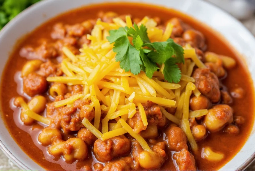 Serving of chili mac with melted cheddar cheese topping and fresh cilantro garnish