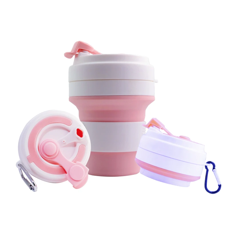 

Outdoor silicone collapsible 350ml folding travel coffee cup 13 ounce reusable silicon foldable cup with handle carabiner for c