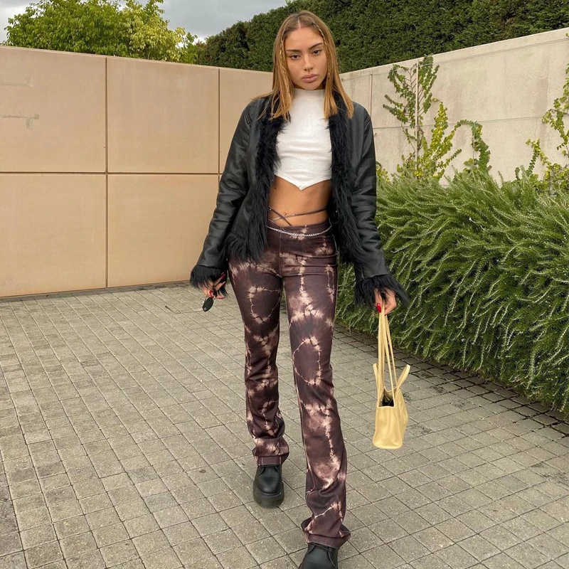 

2021 Tie Dye Print Tie Up Straight Pants Spring Summer Women Trendy Bandage New Chic Ladies Streetwear Elastic Trousers, Purple