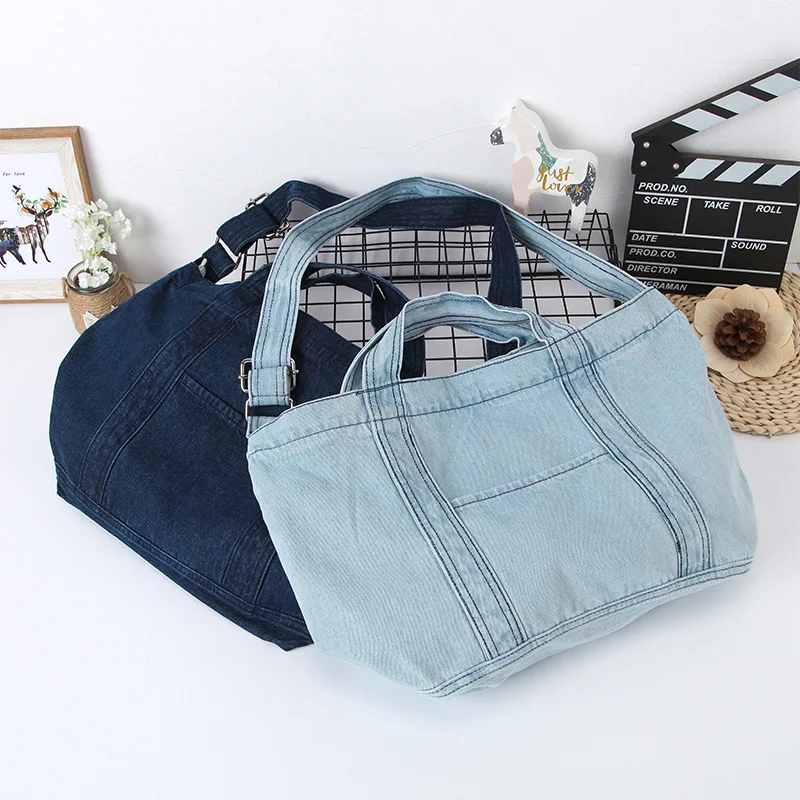 

Wholesale Heavy Duty Jeans Crossbody Shoulder Shopping bag custom Logo Denim Fabric Tote Bag