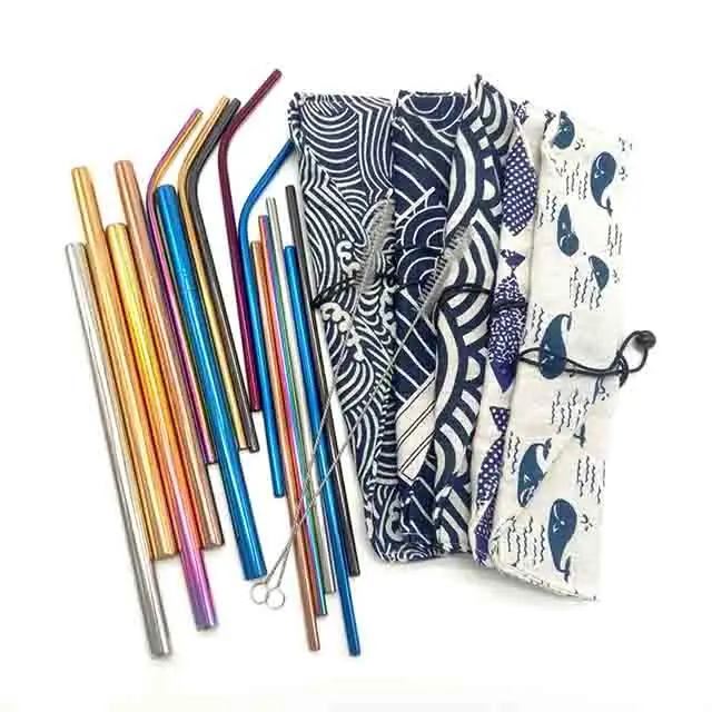 

Hot Sale Reusable 18/8 Bent Straight Drinking Stainless Steel Straw Set with Patten Cotton Bag, Silver,gold,rose gold,black,rainbow,purple,blue,pink,green,red