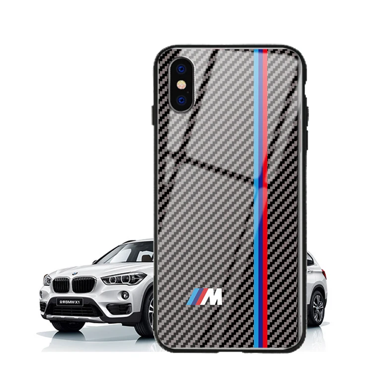 Carbon Fiber With BMW Amg Sline Car Logo Tempered Glass Phone Cover For iphone x Case Xs max
