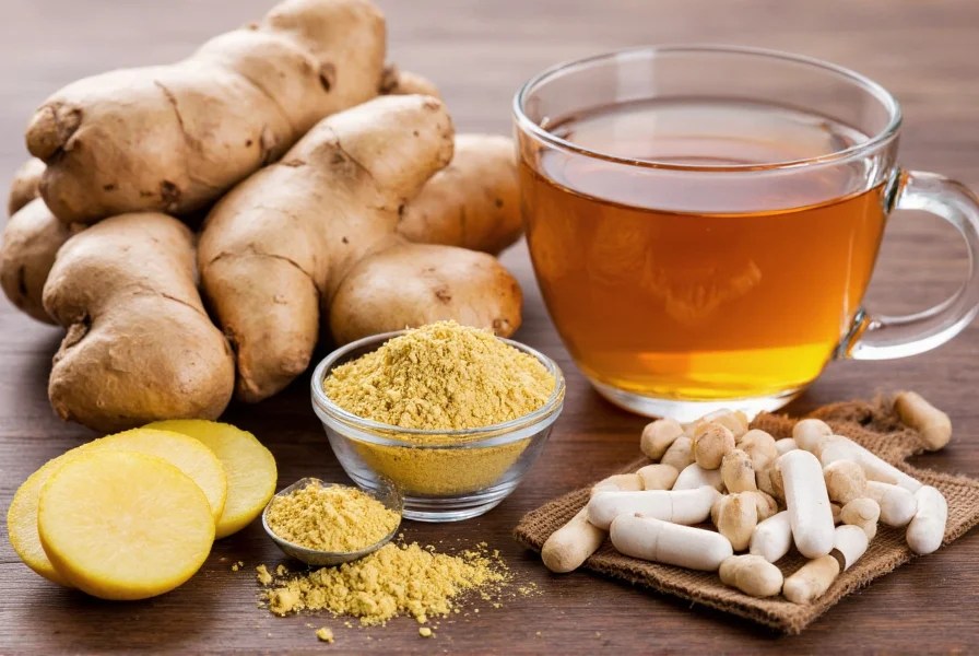 Variety of ginger preparations including fresh root, powder, tea, and supplements arranged on wooden table