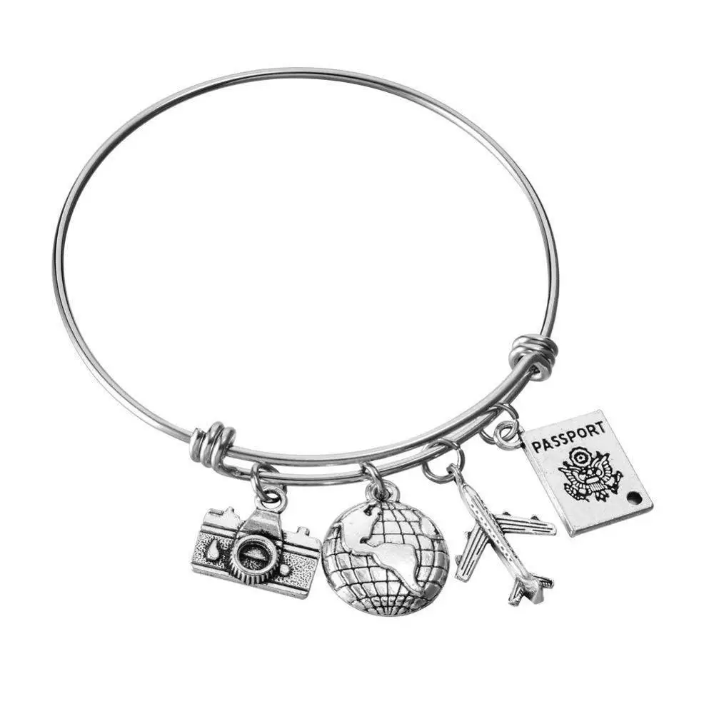 

Newest Fashion Souvenir Silver Stainless Steel Bangle Airplane Bracelet With Passport Camera Earth Charms, As picture showed