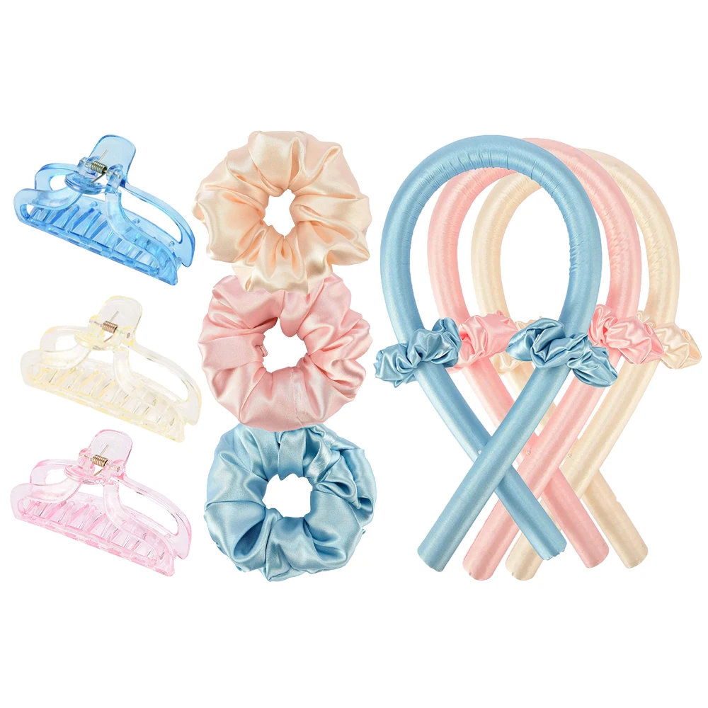 

2021 New Women Satin Faux Silk DIY Heatless Curling Rod Handmade Scrunchies hair clips sets Hair Roller