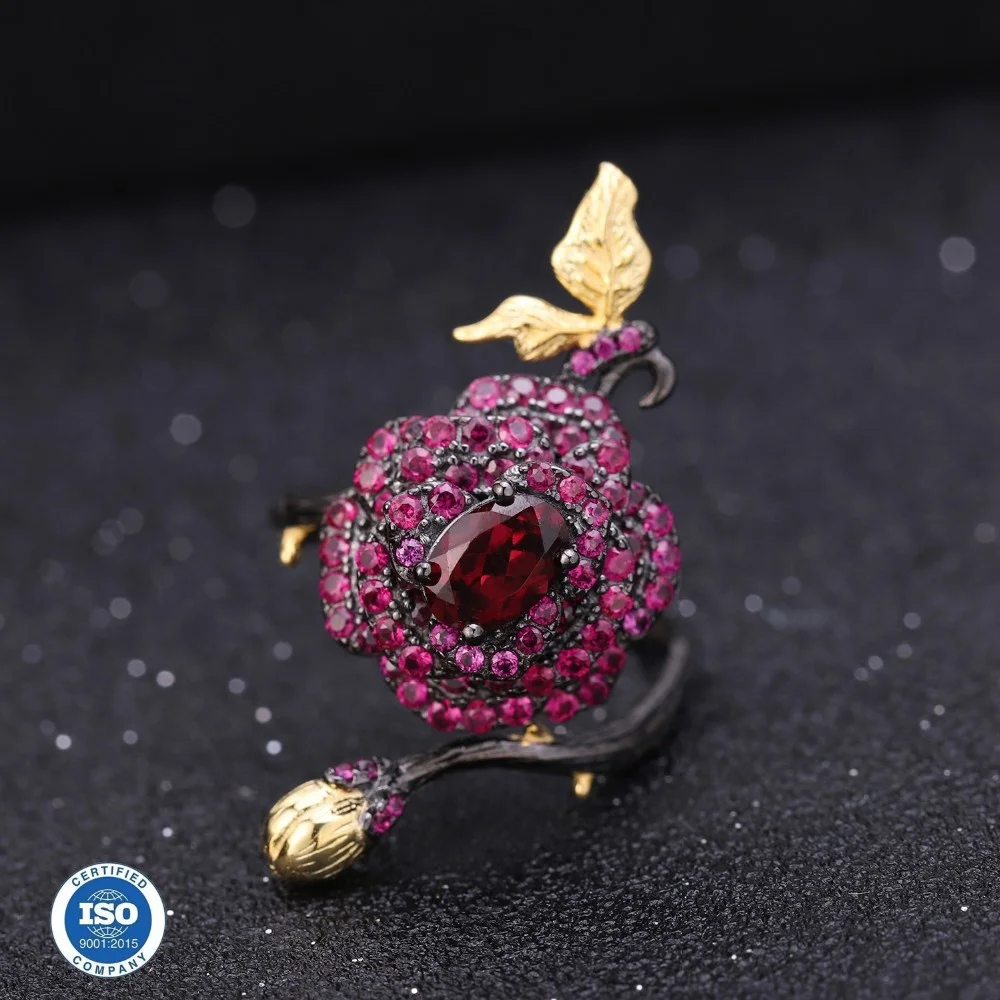 

Abiding Flower Rings Natural Rhodolite Garnet 925 Sterling Silver Adjustable Handmade Gold Plated Rose Ring Women Jewelry