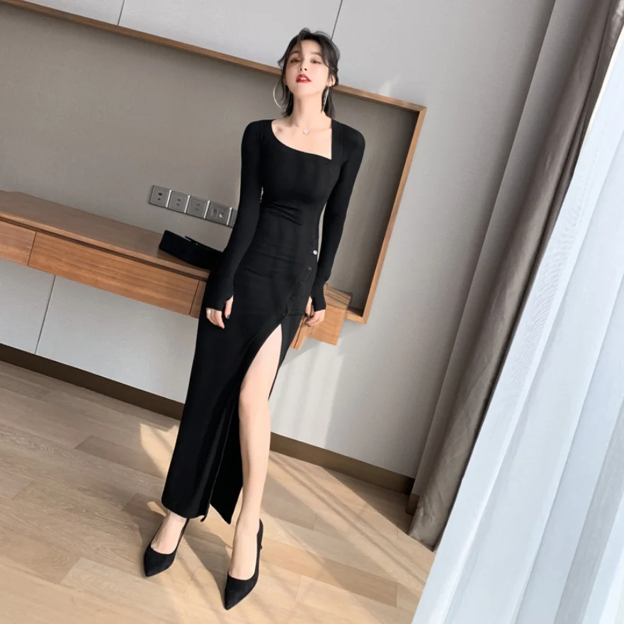 

Korean Ladies Button Slit Club Dresses long Sleeve Women Sexy Bodycon Dress