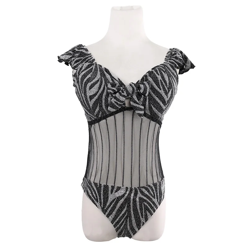 

SQ 3092 Wholesale Women Clothing Natural Waist V Neck mesh Bodysuit For Holiday, Black