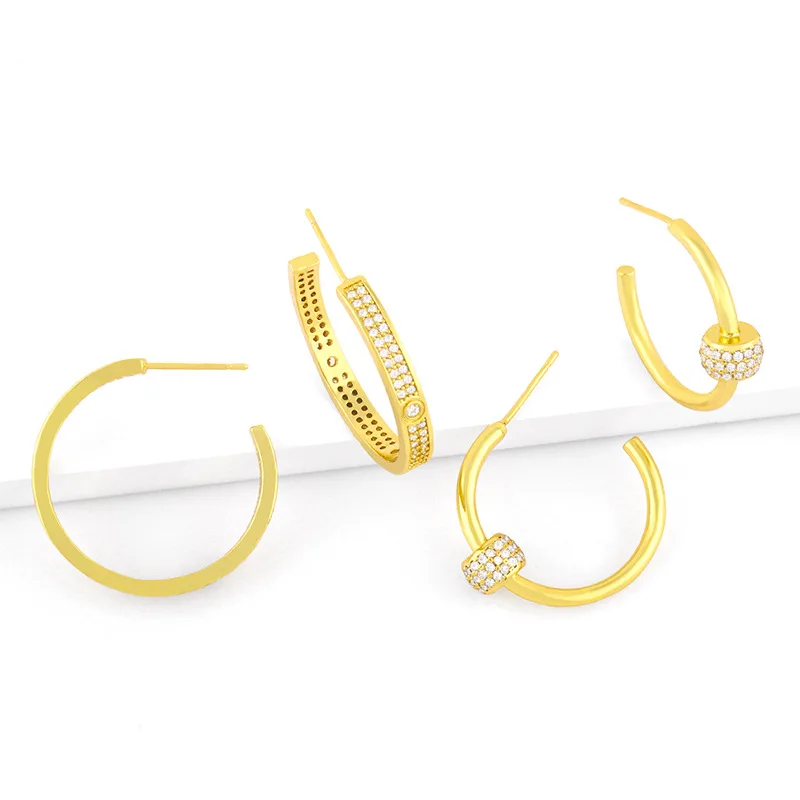 

New Arrival Jewelry Micro Paved Diamond Hoop Earrings 18k Gold Plated Metal C Shaped Hoop Earrings