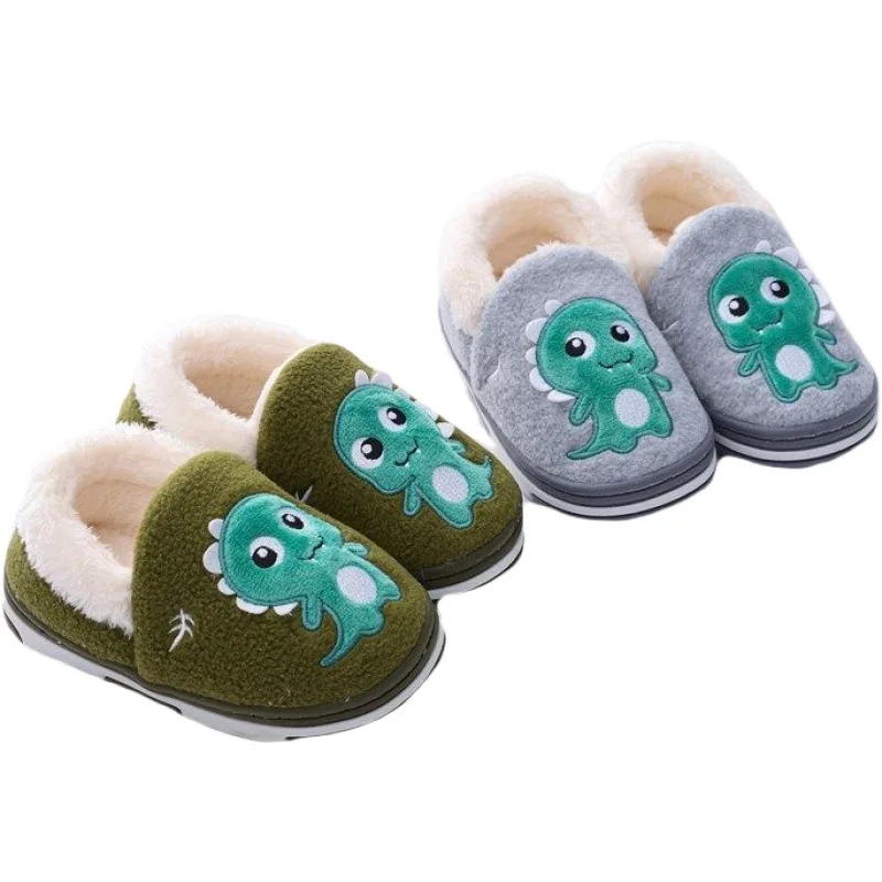 

Children cartoon cotton slippers bag with warm indoor dinosaur plush baby cotton slippers, As shown