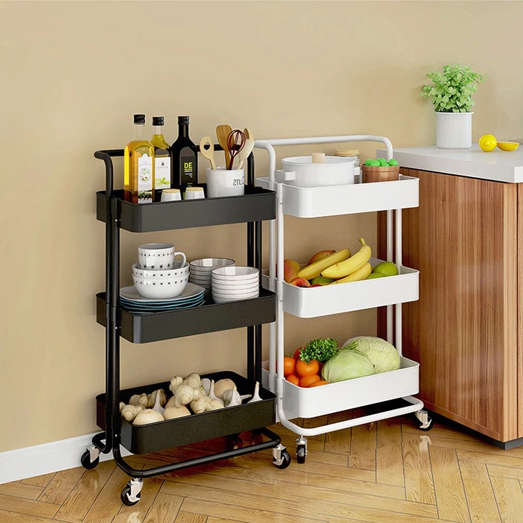 

Carbon Steel Rolling Stand Rack Bathroom Organizers Shelves Cart Kitchen Storage Trolley, Black, white,