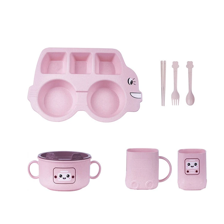 

Eco Kids Meal Plate Cute Cartoon Car Partition Wheat Straw Tray Spoon Fork Cutlery Set