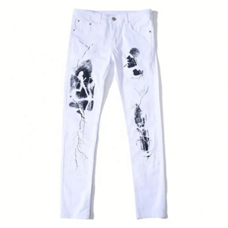 

JH 2020 white Slim Stretch Jeans Personalized Letter Print Fashion Men's North American Modern Cotton Blended Pencil Pants, Customized color