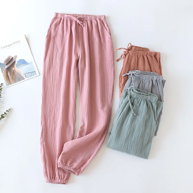 

Japanese-style New Spring And Summer Women's Trousers 100% Cotton Crepe Cloth Large Size Color Tie Pants Casual Pants Home Pants