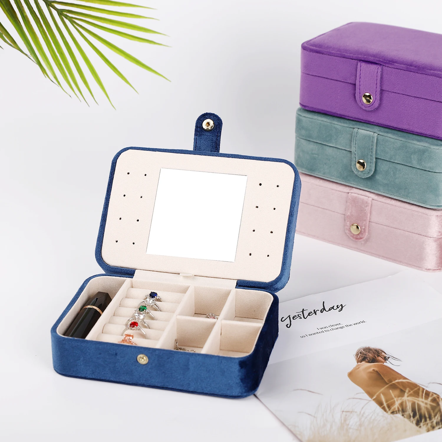 

Small Jewelry Box Necklace Ring Storage Organizer Mini Jewelry case velvet Double Layer Travel Jewelry Organizer for Women Gift