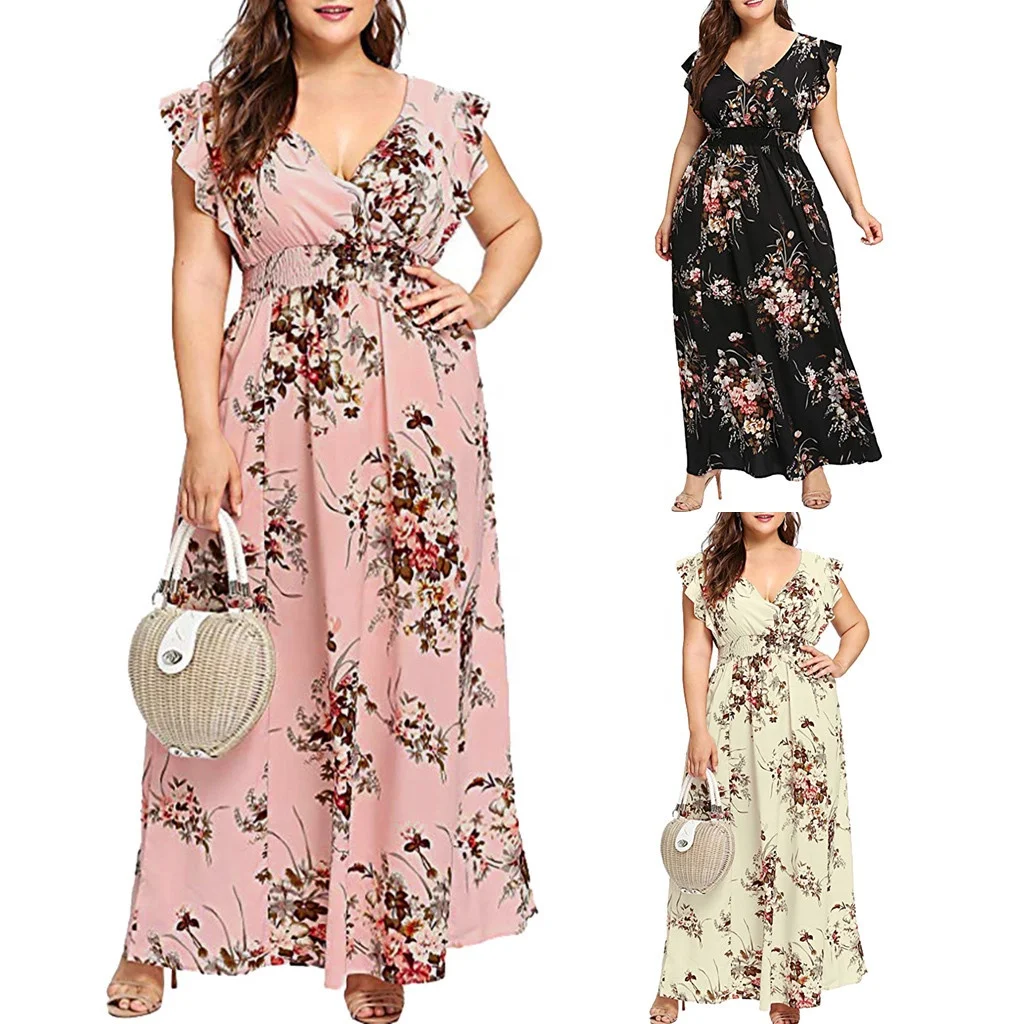 

New style V-neck Sleeveless Casual Chiffon Beach Dress Floral Long Maxi Women Dress, Beige, pink, dark blue, black