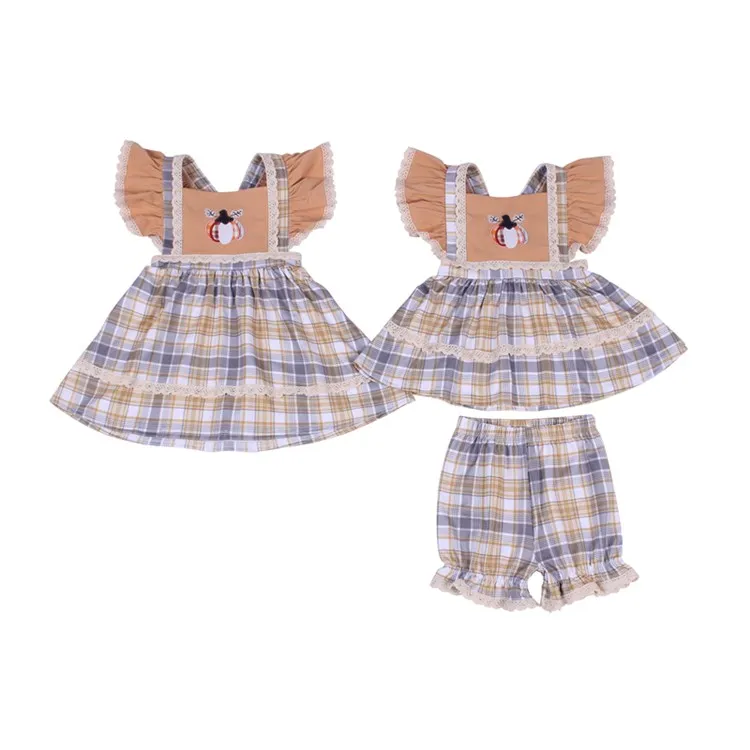 

2021 hot sale Wholesale Fashion Girl Grid Print Suit Short Sleeve ruffle Girls' Clothing Sets, Picture