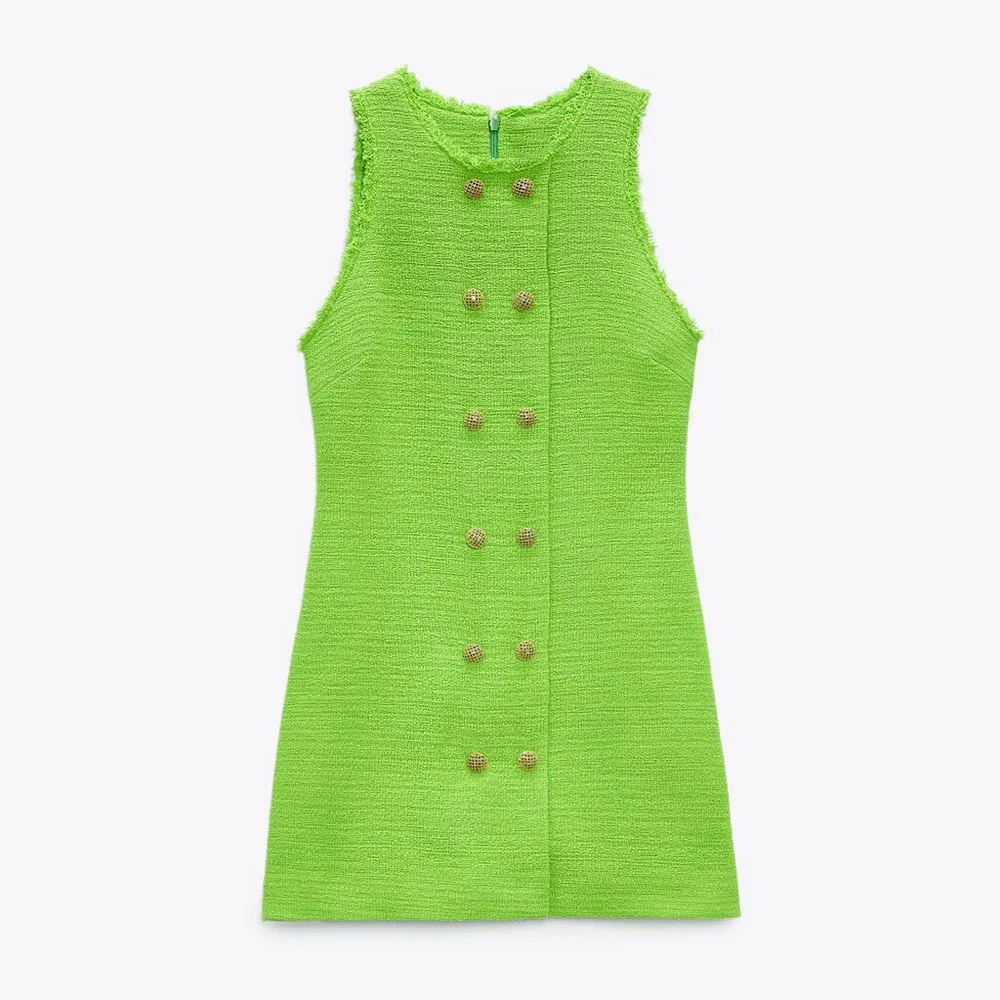 

BMURHMZA2021 summer new casual women's round neck sleevelessbutton ornament green texture short dress ZA, Picture color