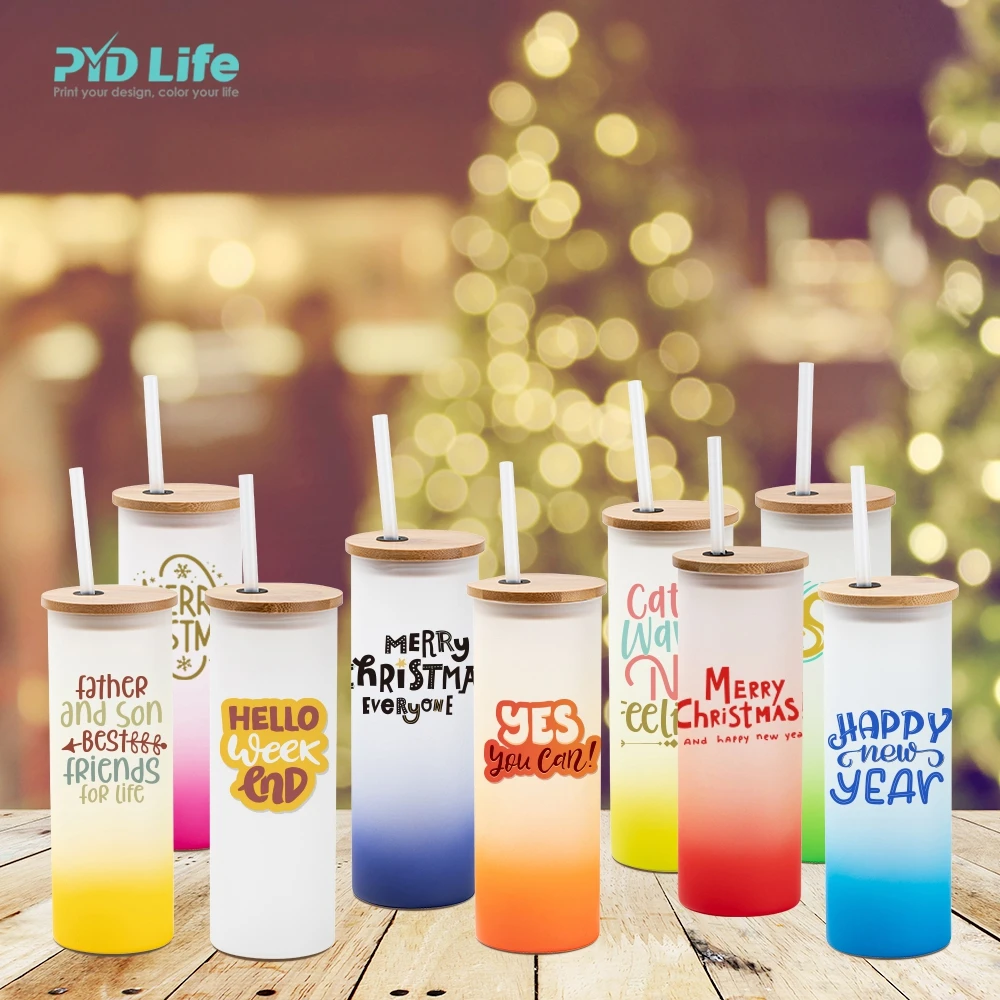 

PYD Life Sublimation 17oz Coloured Frosted Glass Gradient Skinny Blank Custom Sublimation Mug Tumbler with Straw And Bamboo Lid