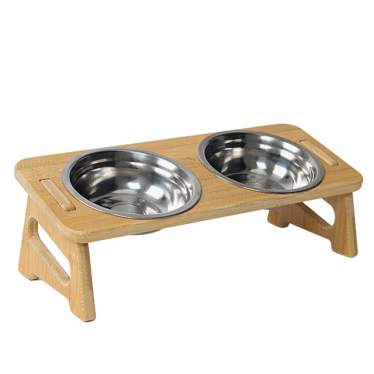 

Raised Dog Bowls Cat Food Stand with 2 Stainless Steel Bowls Elevated Small Dog Bowls with Bamboo Stand, Wood