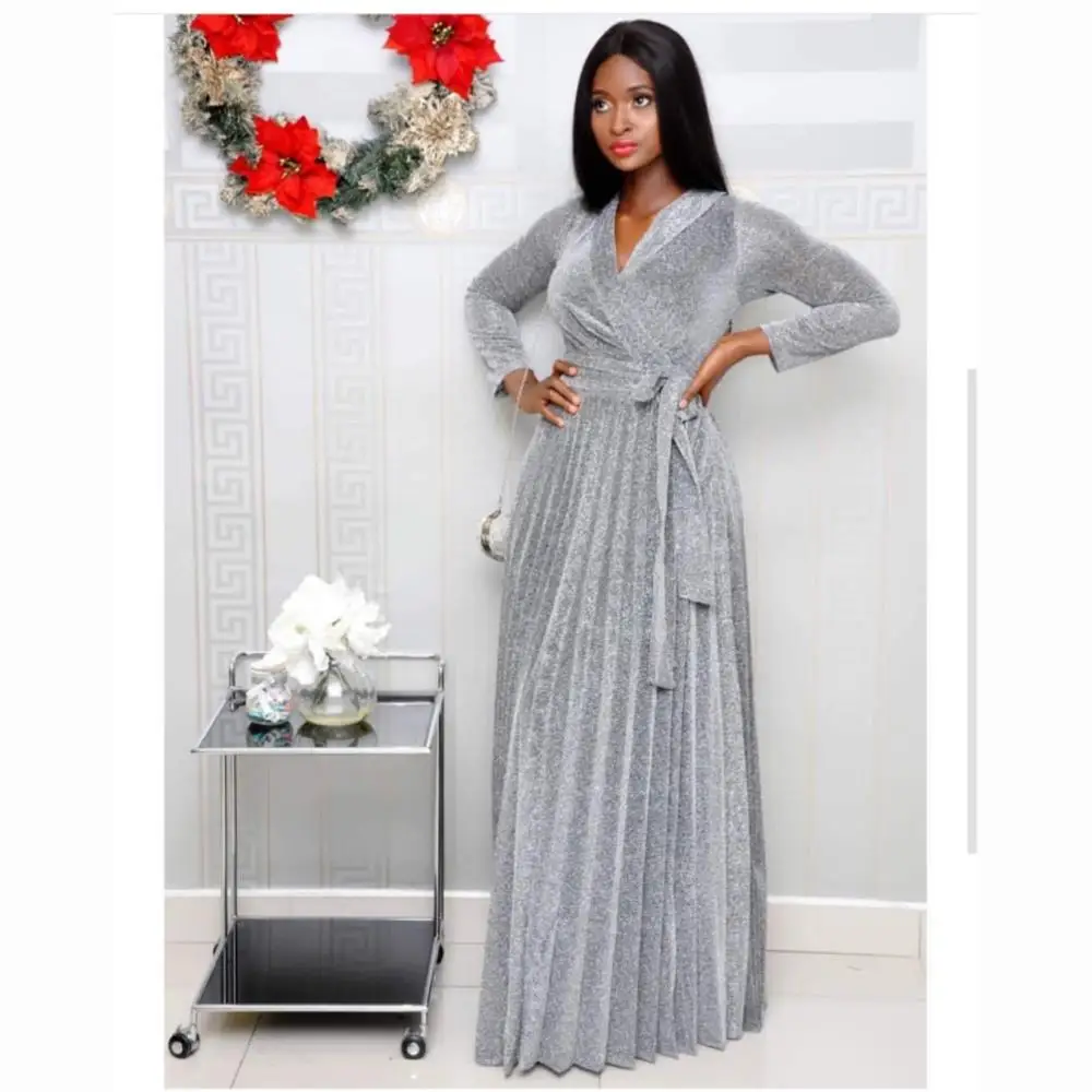 

Long Sleeve V-neck Waist Belt Pleated Sequined Maxi Women Casual Dress, Black,gray