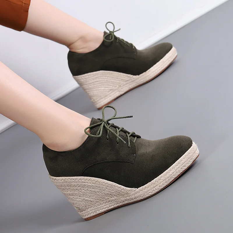 

Fall winter new collection faux suede wedge heel women shoes lace up front lady ankle bootie platform espadrille pumps