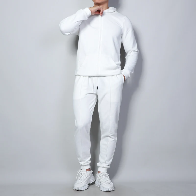 

White Solid Color Blank Hooded Mens Jogging Suit Unisex Sweatsuit Set Men Tracksuits, Custom color